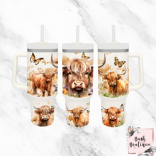 Load image into Gallery viewer, Highland cows with butterflies 40oz tumbler
