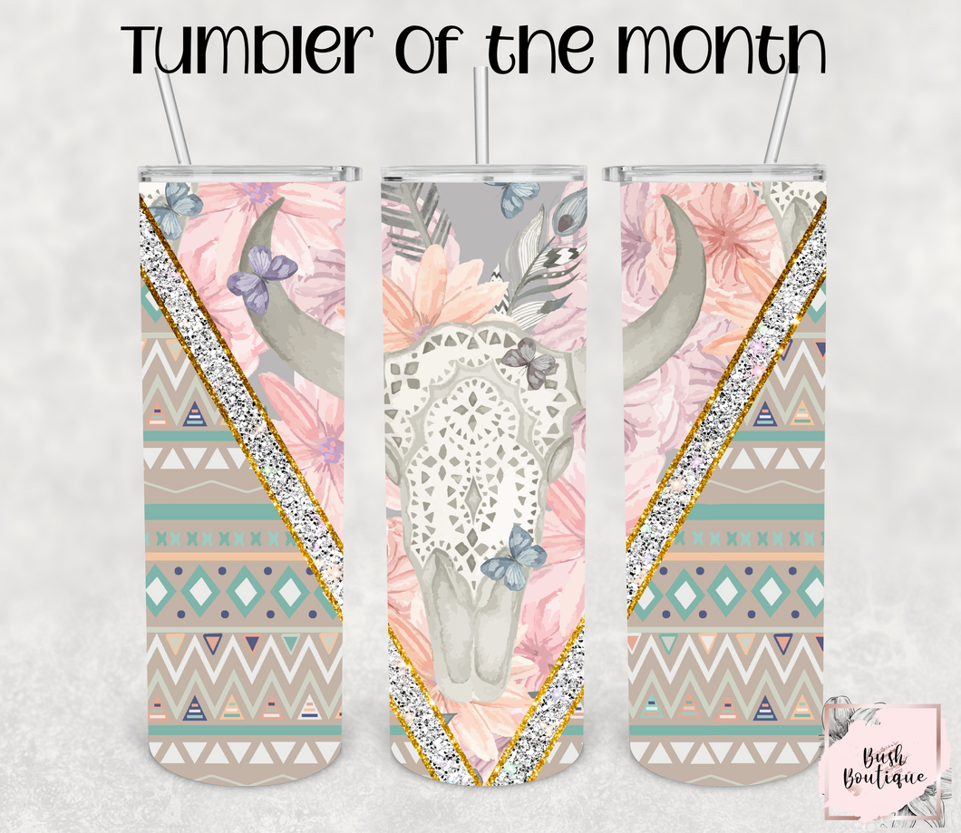 May 2023 Tumbler of the Month- Pretty pastel cow skull