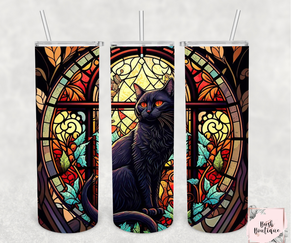 Stained glass black cat 20 ounce tumbler