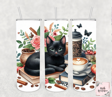 Load image into Gallery viewer, Black cat coffee and books 20 ounce tumbler
