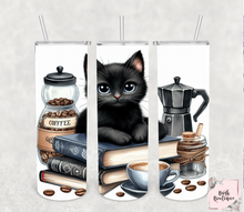 Load image into Gallery viewer, Black cat coffee and books 20 ounce tumbler
