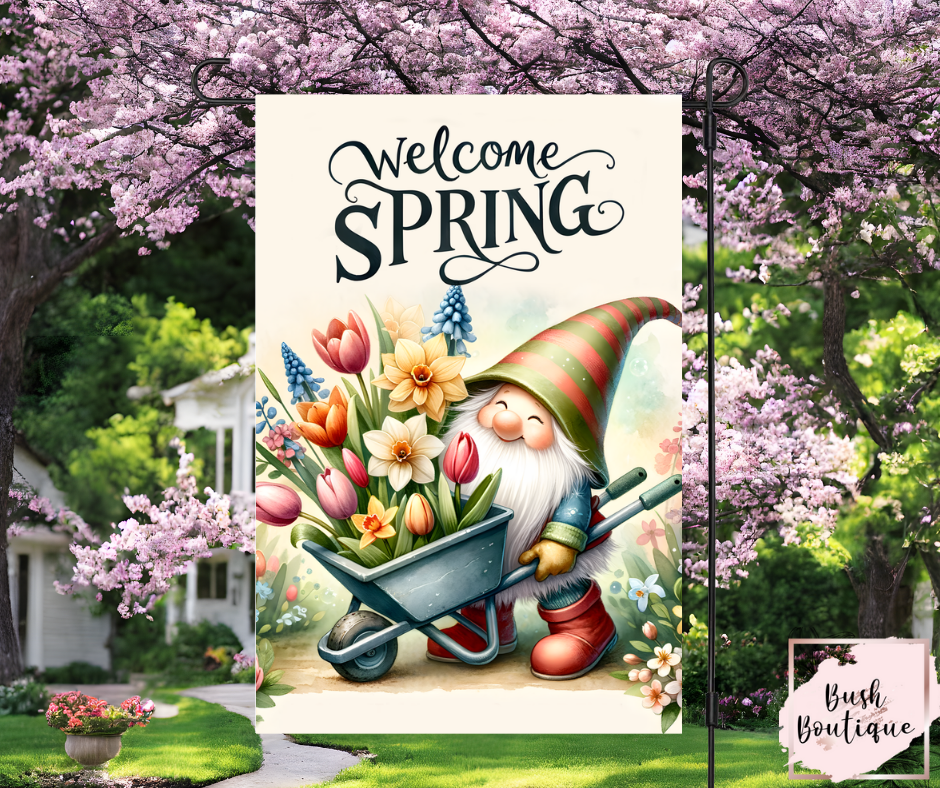 Welcome Spring (gardening Gnome) garden flag