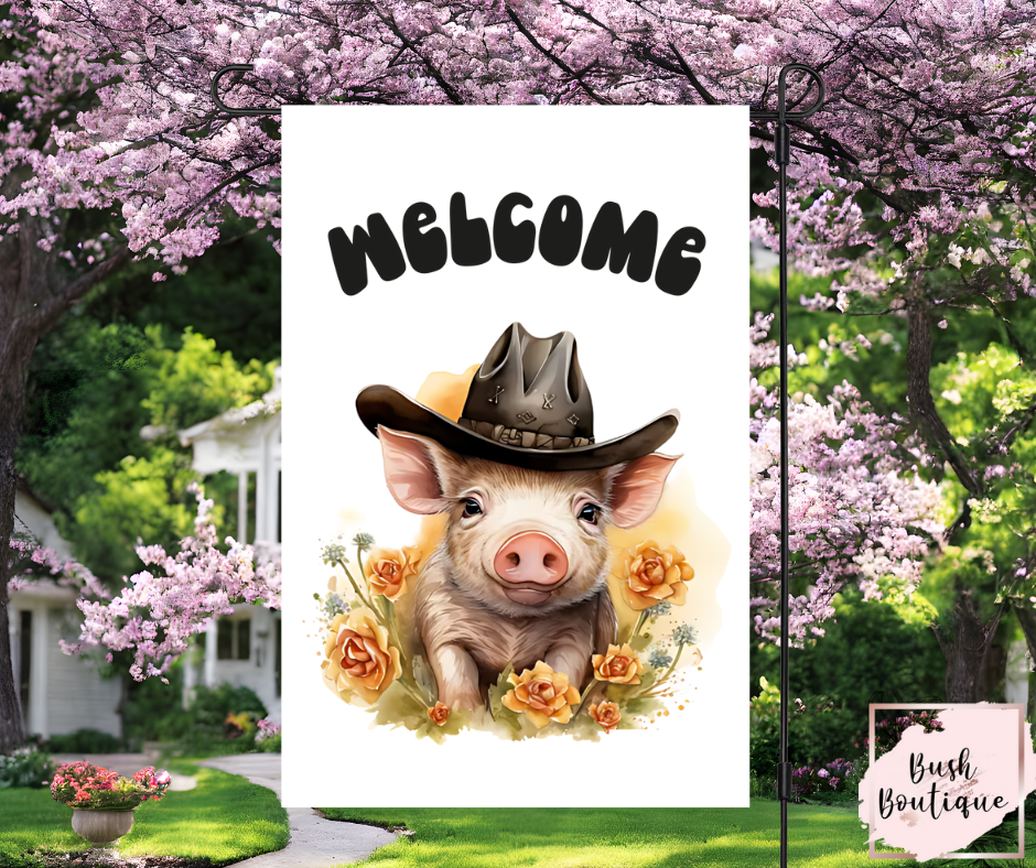 Welcome- Cowboy Pig garden flag